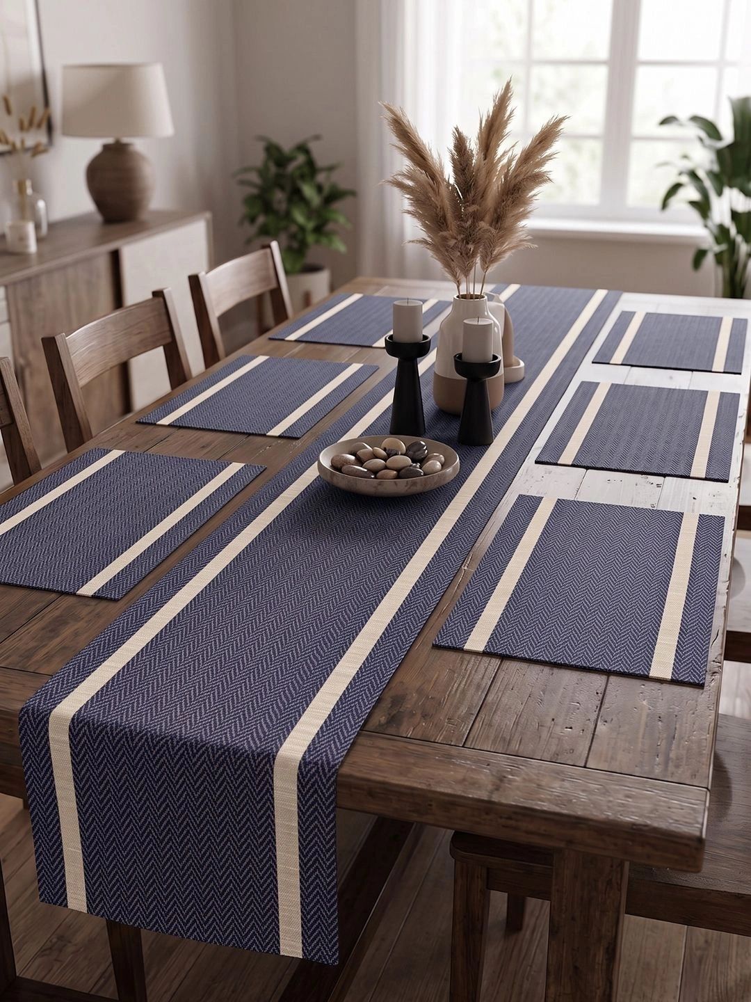 Myntra Elegant Homes 7-Pcs Navy Blue Striped Rectangle Table Placemats With Runner-picture-30
