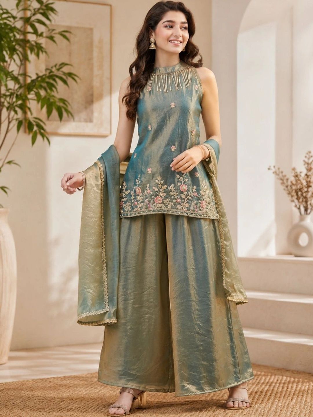 CurlyTales Girls Floral Embroidered Regular Thread Work Pure Silk Kurta with Palazzos & With Dupatta-picture-22