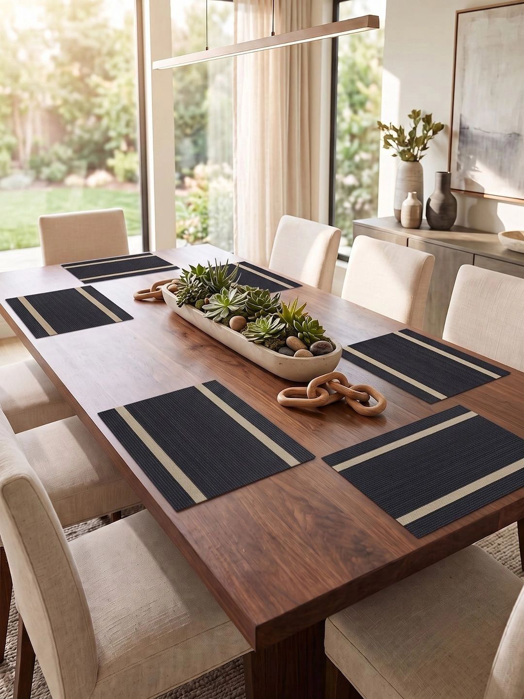 Myntra Elegant Homes 8-Pcs Black Striped Rectangle Table Placemats-picture-17