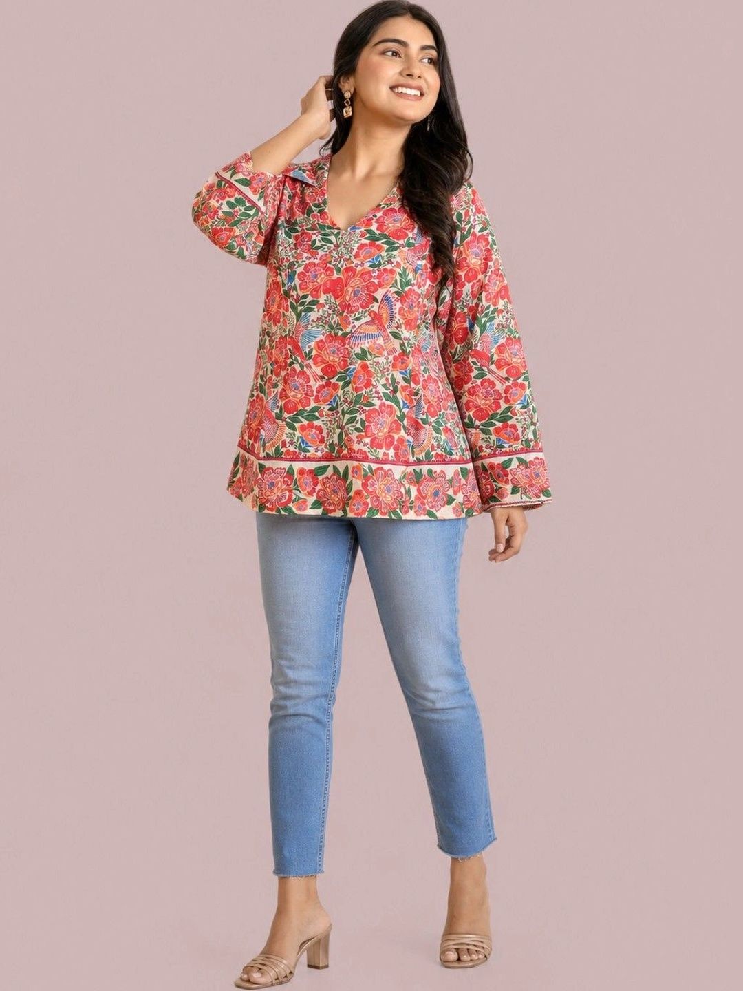 Maavish Floral Printed Shirt Collar Pure Cotton Blend Kurti-picture-12