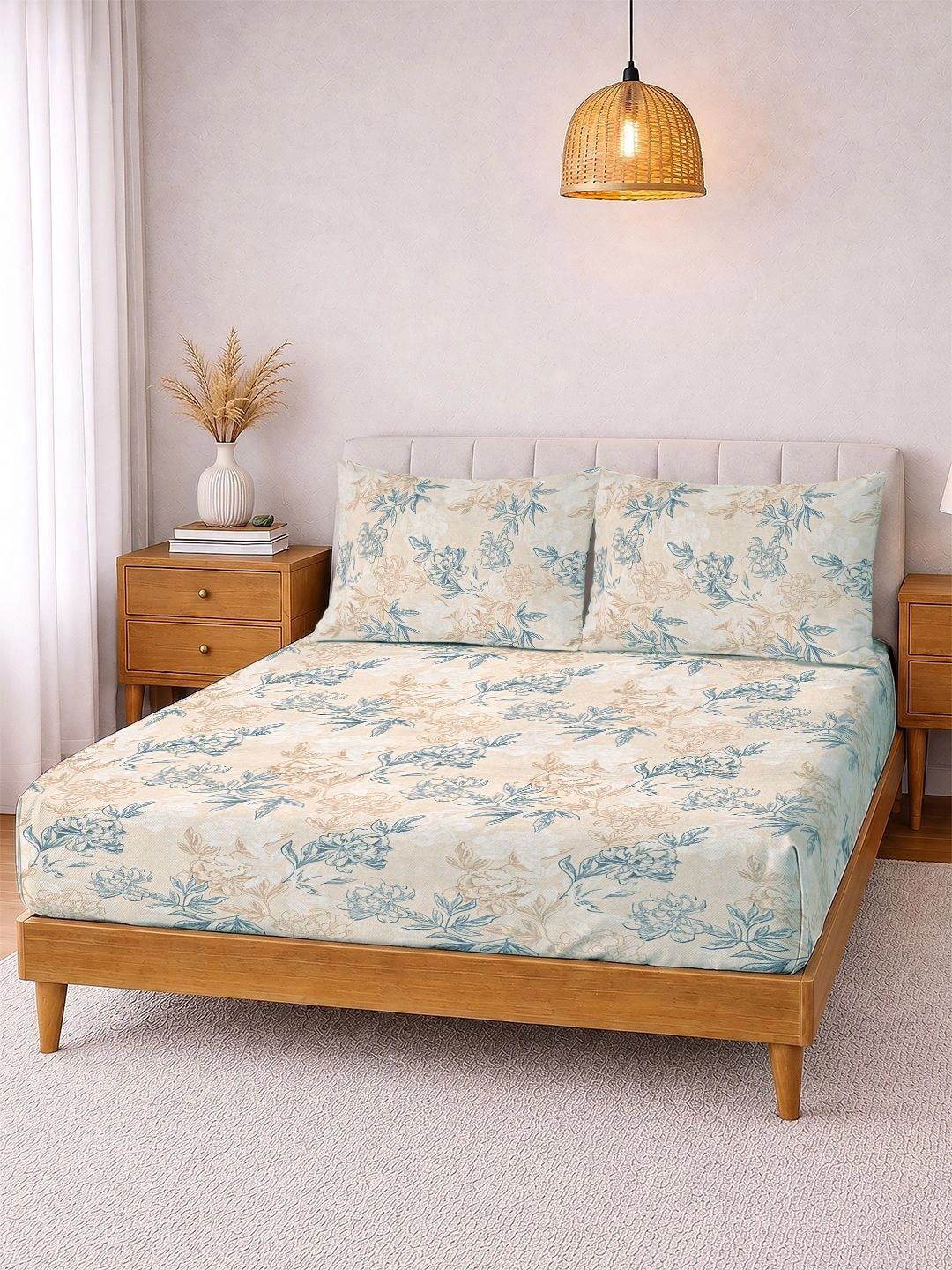 Myntra Elegant Homes Cream-Coloured & Blue Floral 300 TC King Bedsheet with 2 Pillow Covers-picture-25