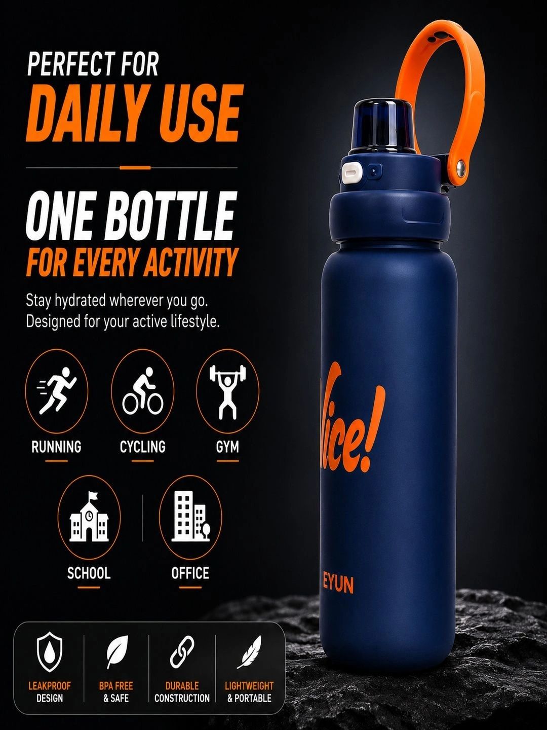 MAAHIL Navy Blue & Orange Single Plastic Solid Water Bottle-picture-10