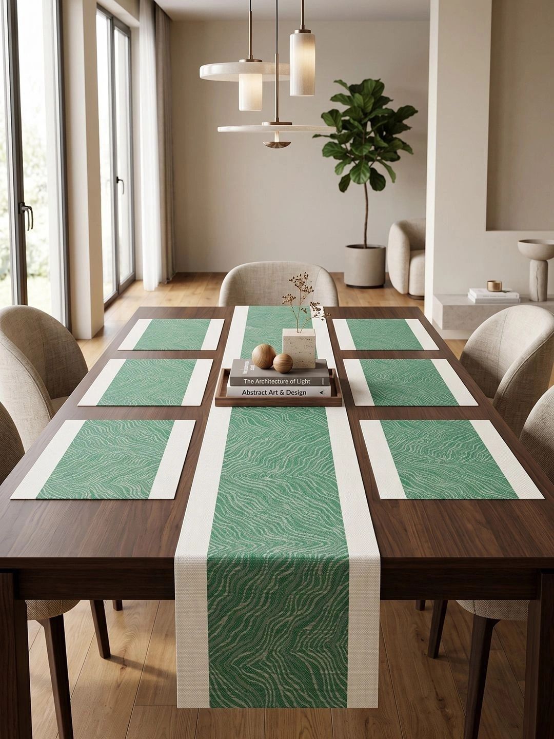 Myntra Elegant Homes 7-Pcs Green Striped Rectangle Table Placemats With Runner-picture-16