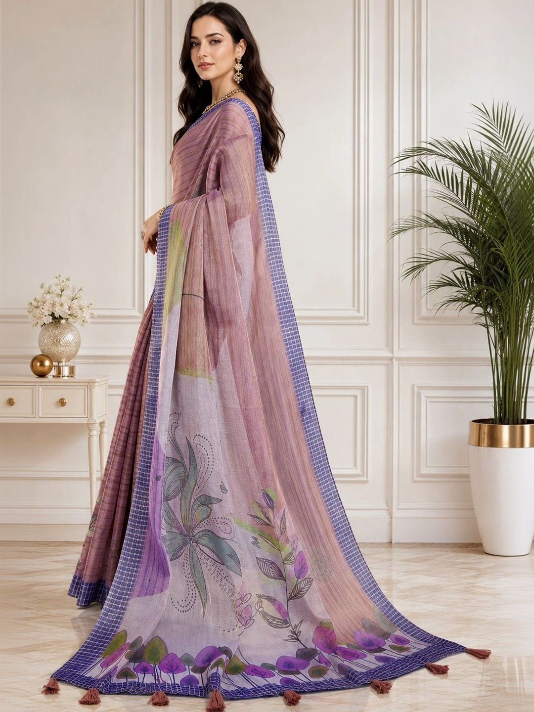 V3 FASHION STUDIO Floral Zari Linen Blend Handloom Block Print Saree-image-23