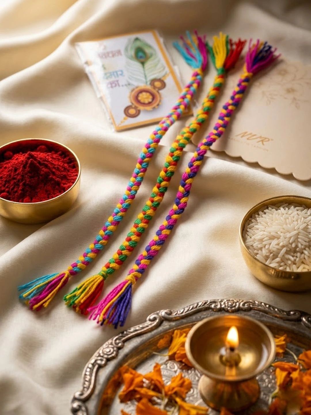 SZN Set Of 3 Multicolor Thread Rakhi With Roli Chawal Chandan Mishri-image-3