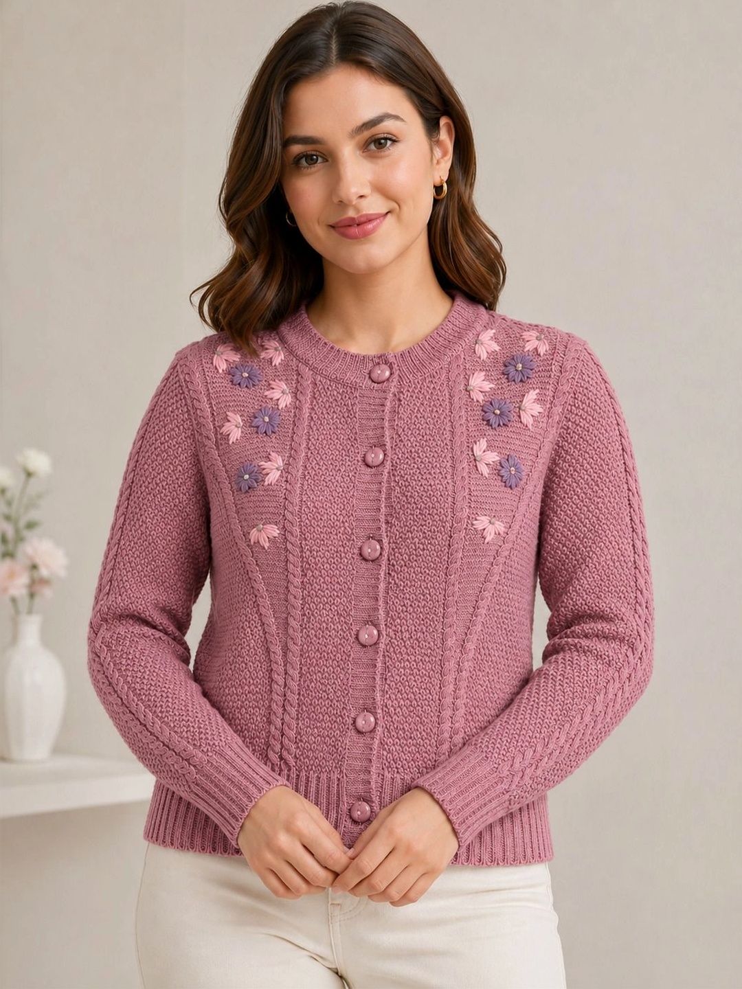 TRUDO Women Cable Knit Woollen Cardigan with Embroidered Detail-picture-36
