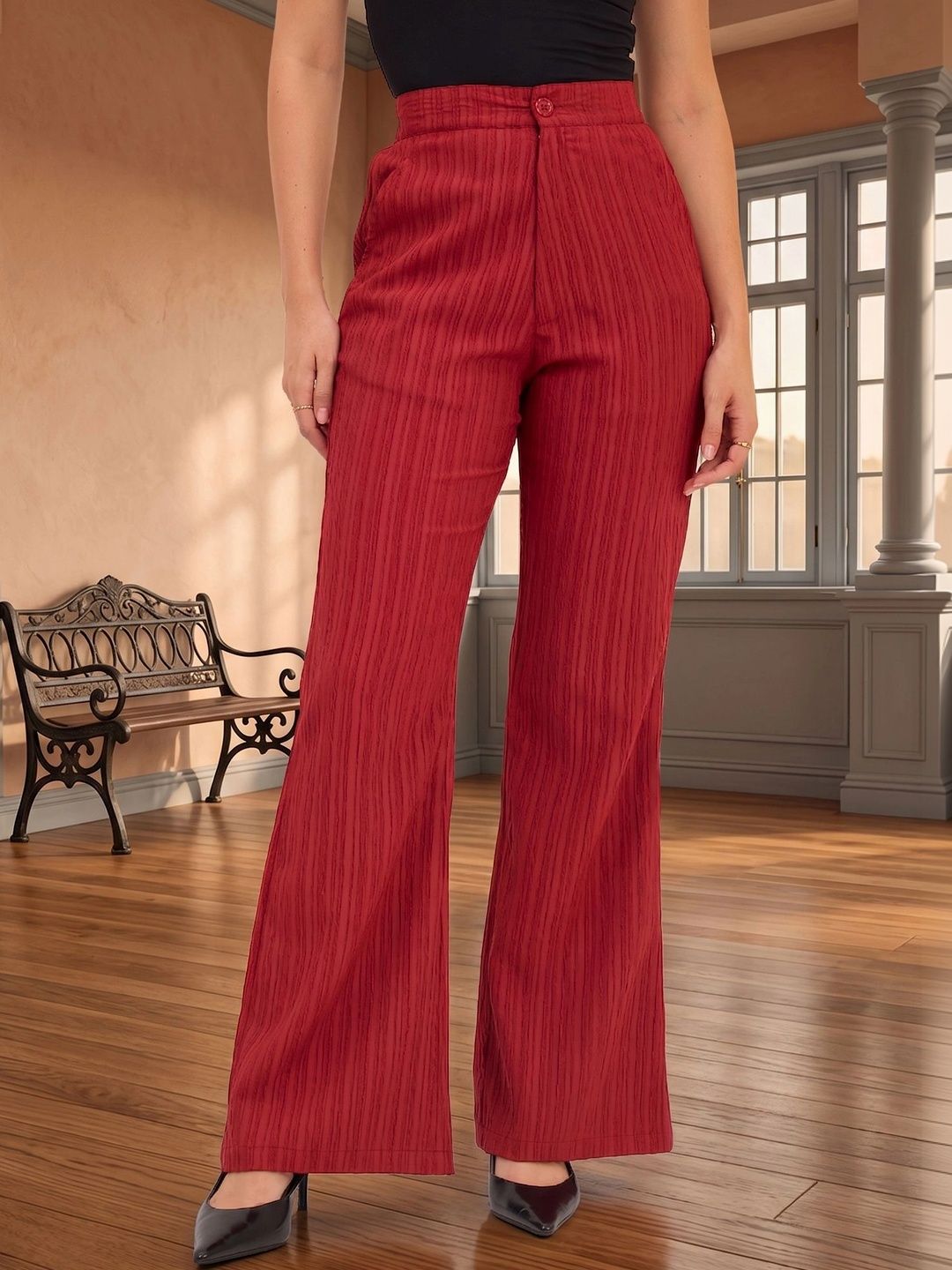 aayu Women Textured High-Rise Pleated Trousers-image-35