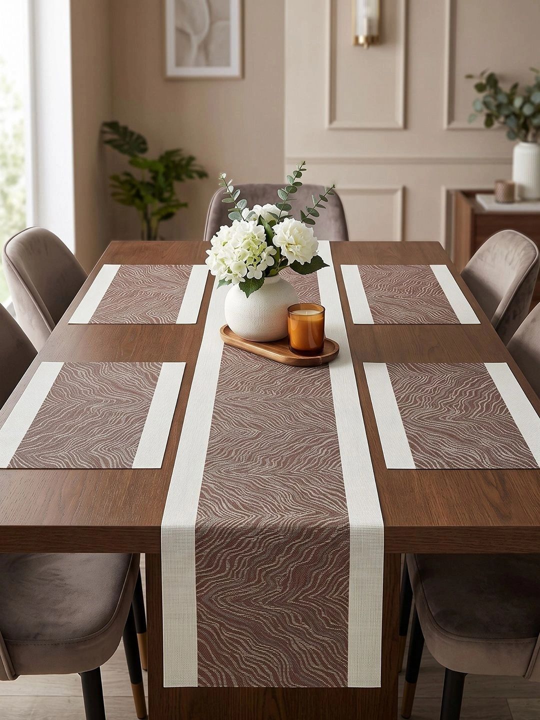 Myntra Elegant Homes 5-Pcs Brown Striped Rectangle Table Placemats With Runner-picture-17