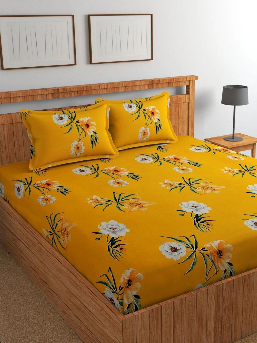 Florida Mustard & White Floral 160 TC Bedsheet with 2 Pillow Covers-image-7