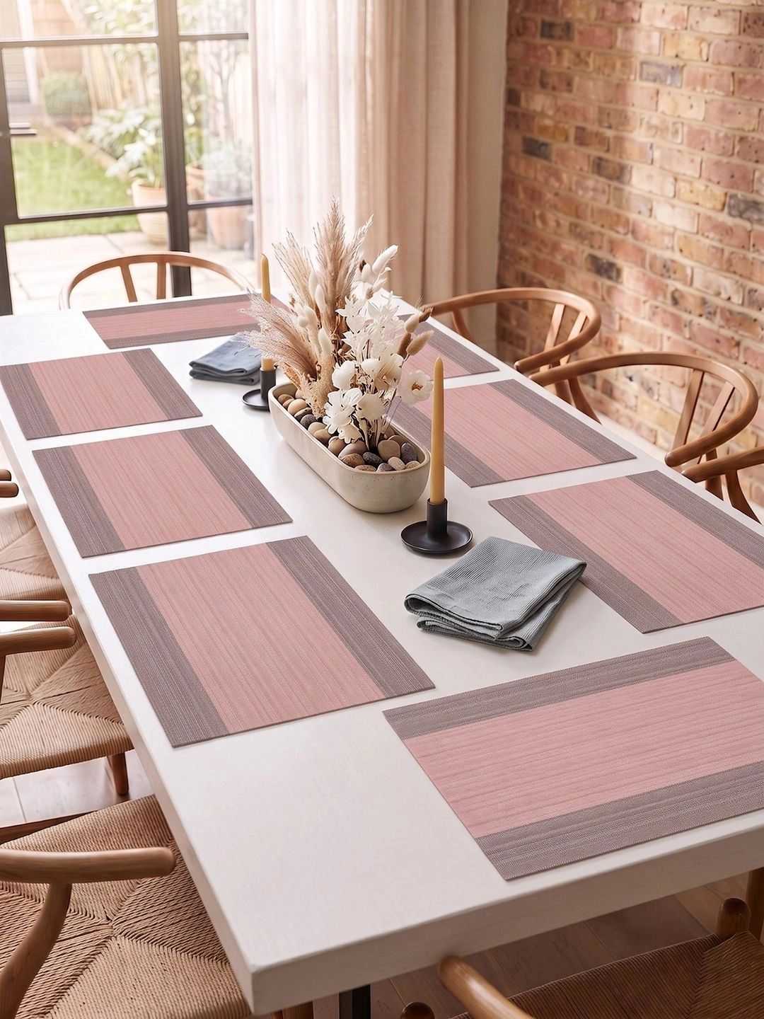 Myntra Elegant Homes 8-Pcs Peach Striped Rectangle Table Placemats-picture-56