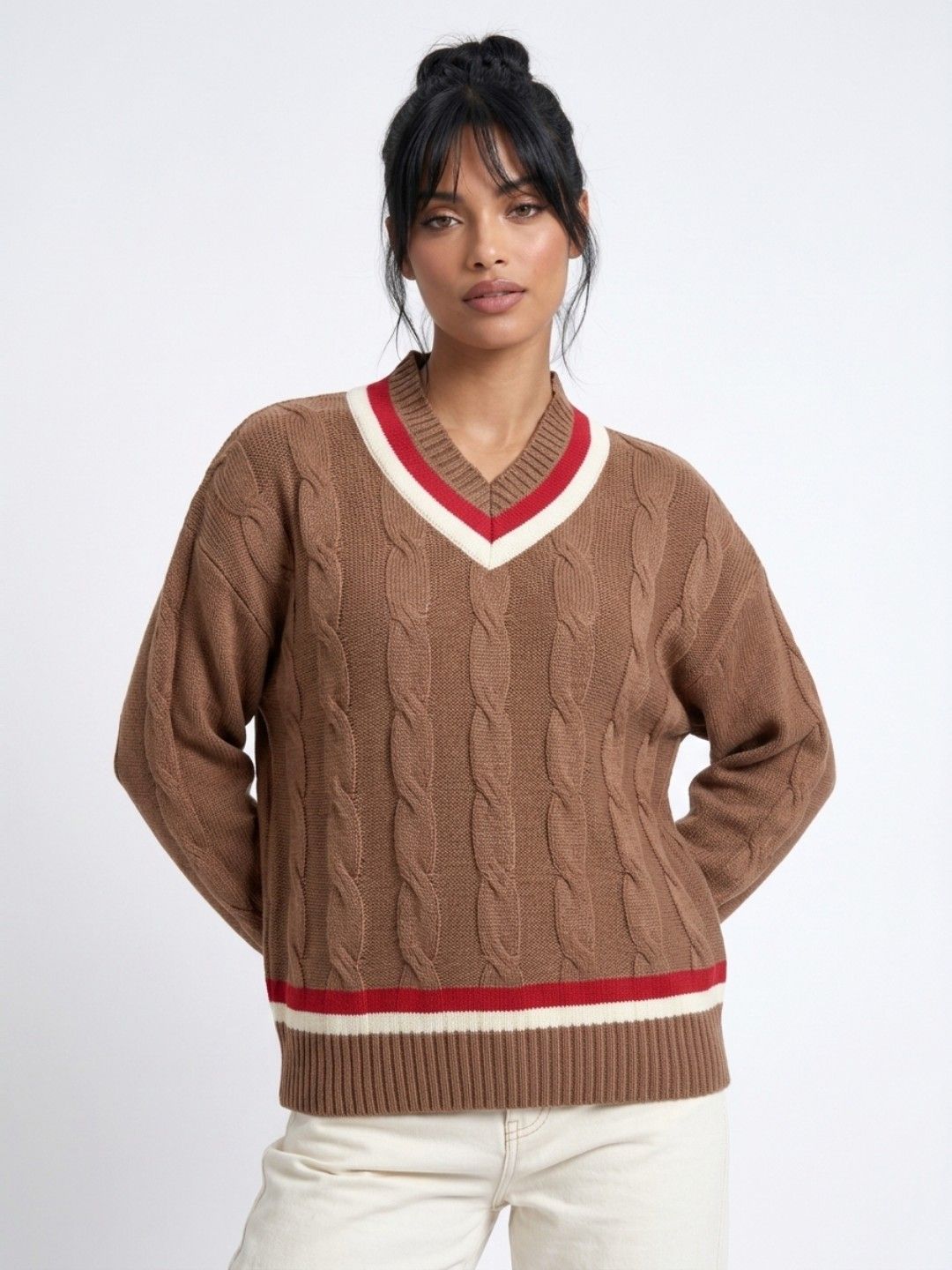 glitchez V-Neck Cable Knit Oversized Fit Pullover Sweater-picture-58