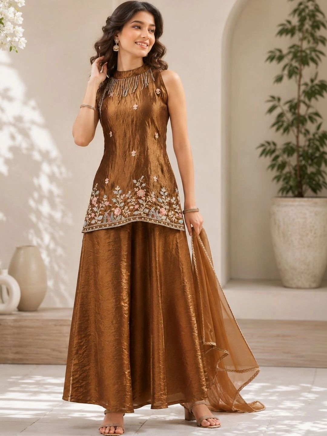 CurlyTales Girls Floral Embroidered Regular Beads and Stones Pure Silk Kurti with Palazzos & With Dupatta-picture-12