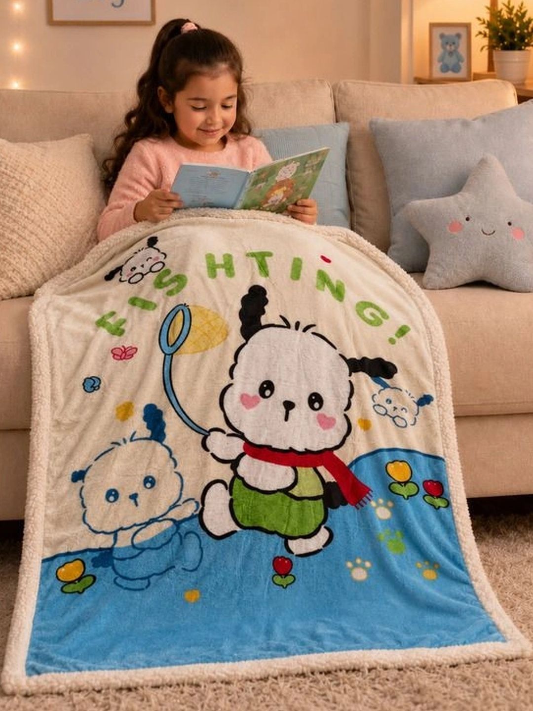 Milkymoon Kids Cream-Coloured Cartoon Characters Fleece Mild Winter 300 GSM Blanket-image-47