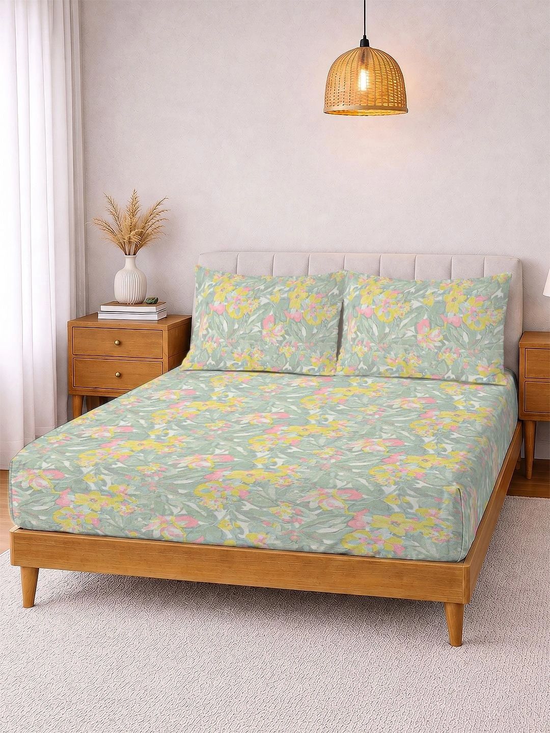 Myntra Elegant Homes Green & Pink Floral 300 TC King Bedsheet with 2 Pillow Covers-image-41