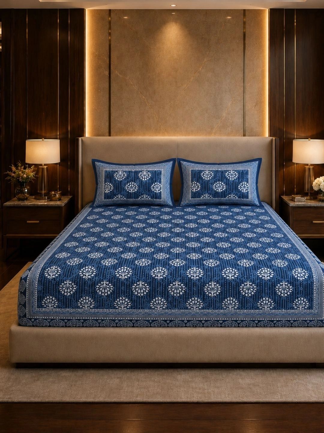VAASINI Blue & White 300 TC King Bedsheet with 2 Pillow Covers-image-28