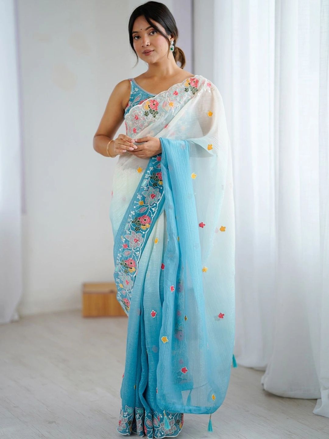 Saree mall Floral Embroidered Poly Chiffon Designer Sarees-picture-44