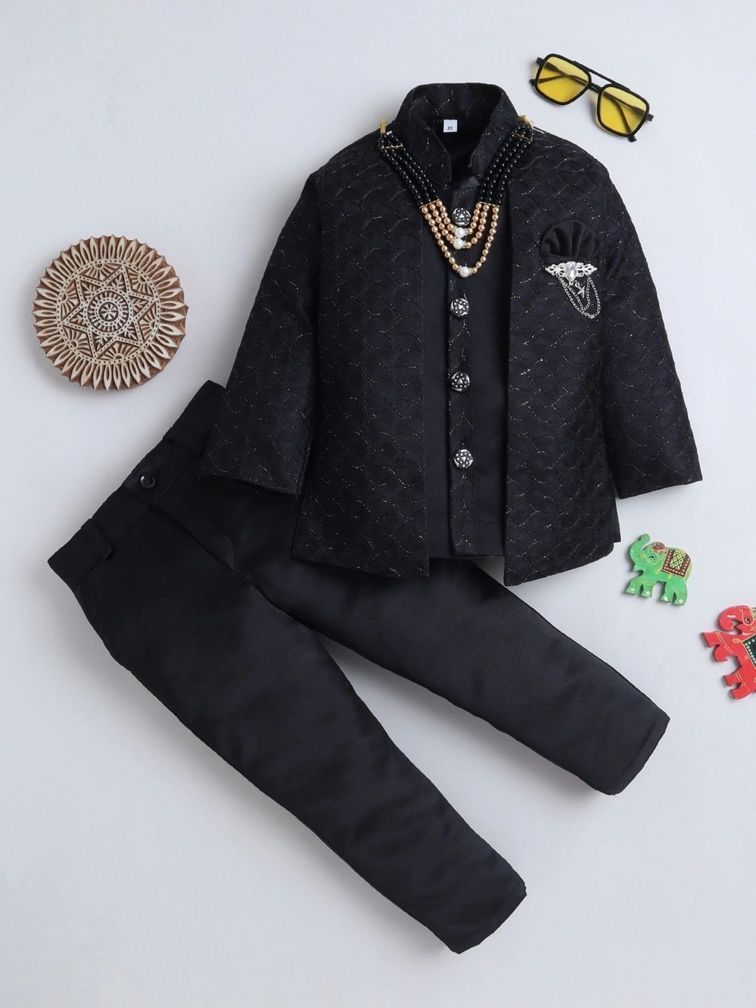 Miss & Chief Boys Embroidered Mandarin Collar Sherwani Set-picture-32
