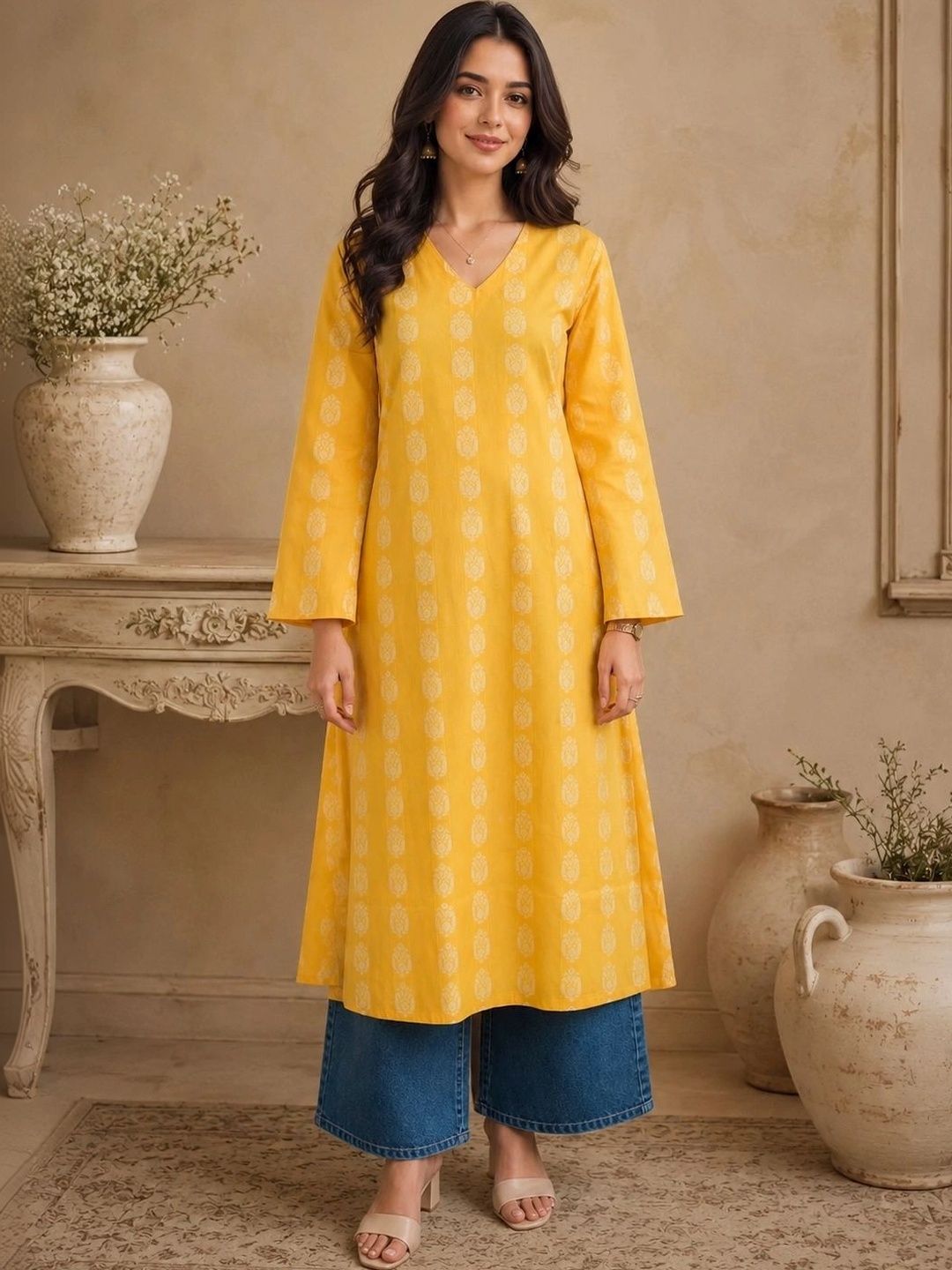 Sangria Ethnic Motifs Printed V-Neck Kurti-picture-23