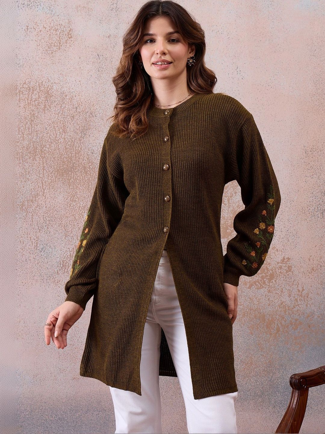 Chemistry Women Embroidered Ribbed Woollen Longline Cardigan with Embroidered Detail-picture-22