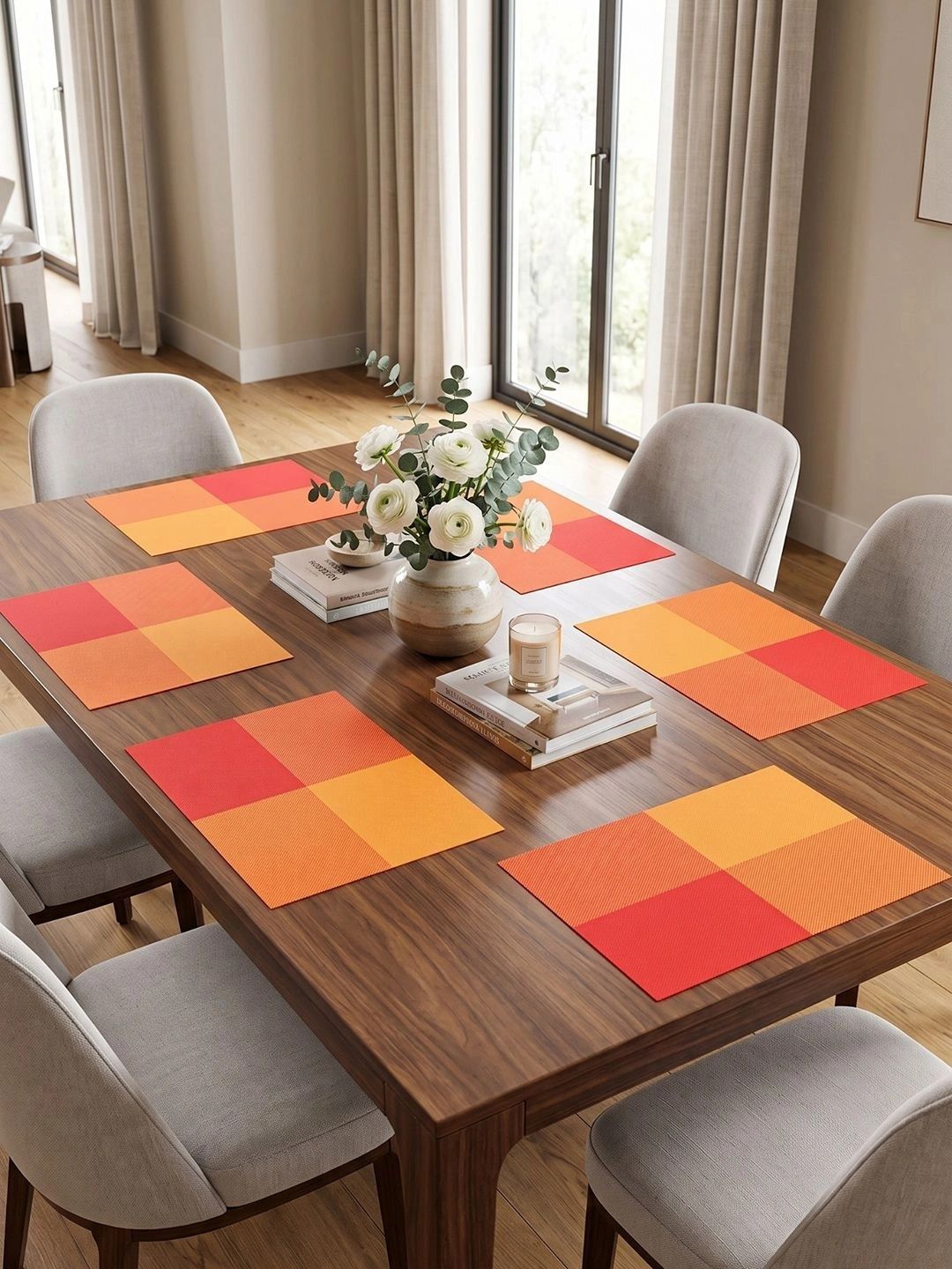 Myntra Elegant Homes 8-Pcs Orange Printed Rectangle Table Placemats-picture-37