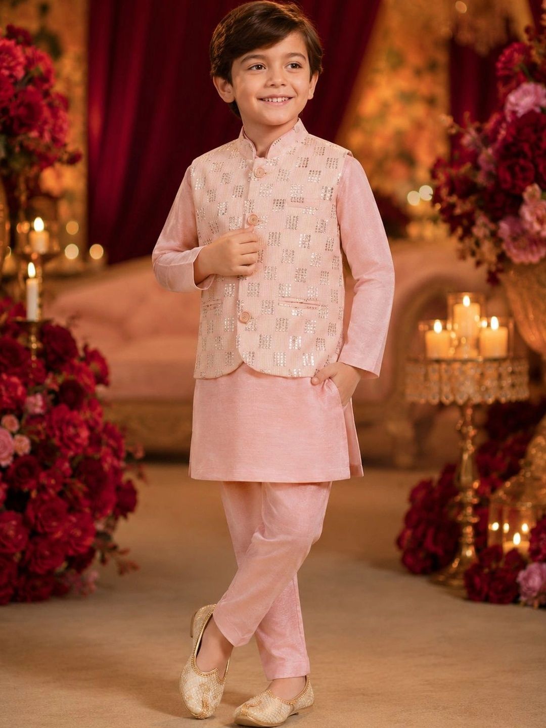 Sparklepop Boys Regular Sequinned Dupion Silk Kurta with Pyjamas-image-1