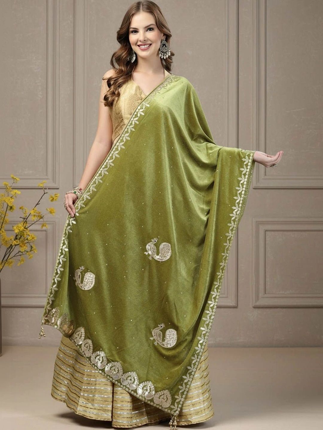 KALINI Ethnic Motifs Embroidered Velvet Dupatta with Zari-picture-25