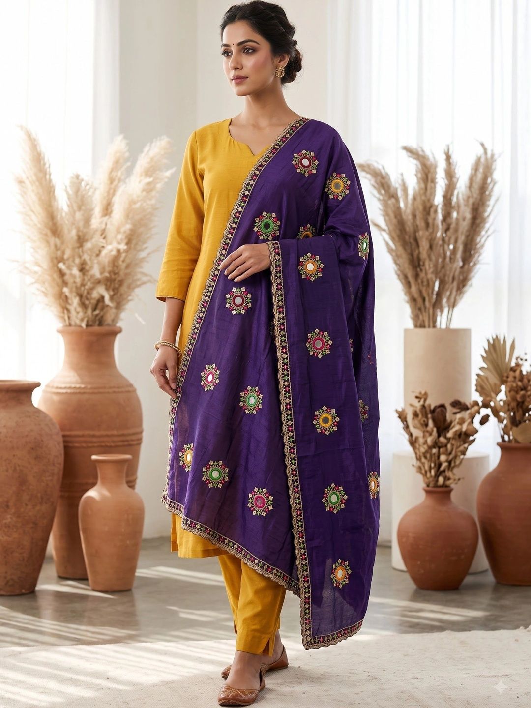 Komurr Ethnic Motifs Embroidered Dupatta with Mirror Work-picture-11