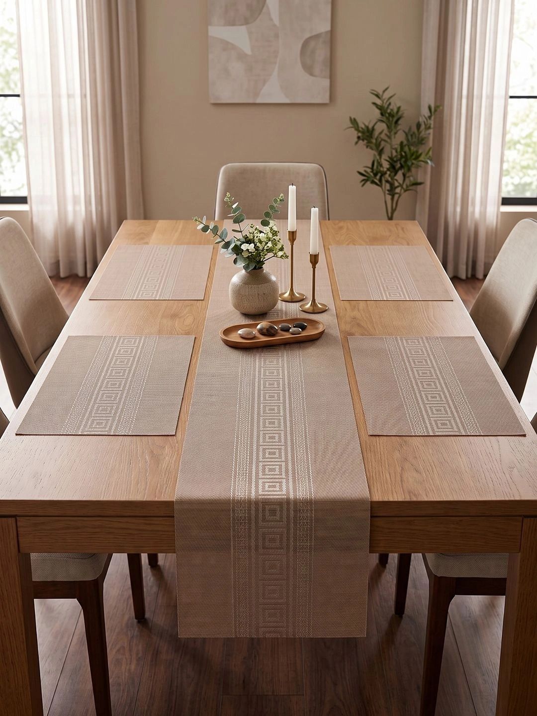 Myntra Elegant Homes 5-Pcs Camel Brown Striped Rectangle Table Placemats-picture-56