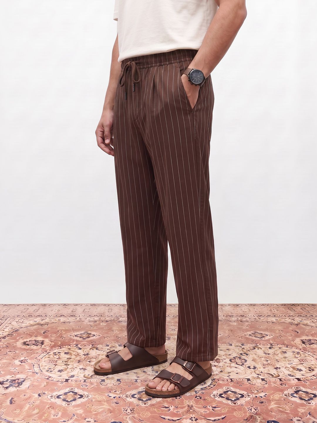 Mr Bowerbird Men Relaxed Fit Striped Pleated Trousers-image-10