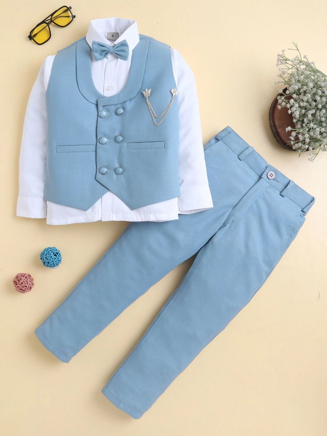 Sangria Boys Shawl Collar Double Breasted 3 Piece Suit Set with Bowtie-picture-40
