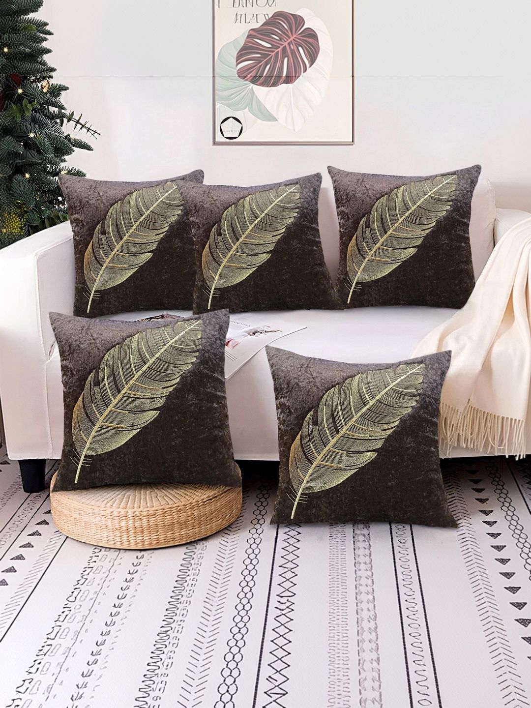 K.S. CRAFT Brown Set of 5 Velvet Blend Square Cushion Covers-image-30