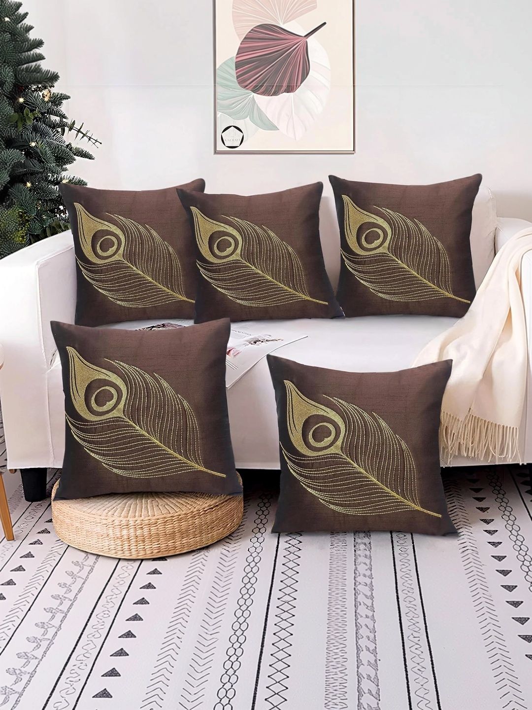 K.S. CRAFT Brown Set of 5 Floral Square Cushion Covers-image-49