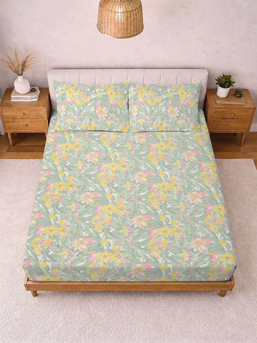Myntra Elegant Homes Green & Yellow Floral 300 TC King Bedsheet with 2 Pillow Covers-image-42