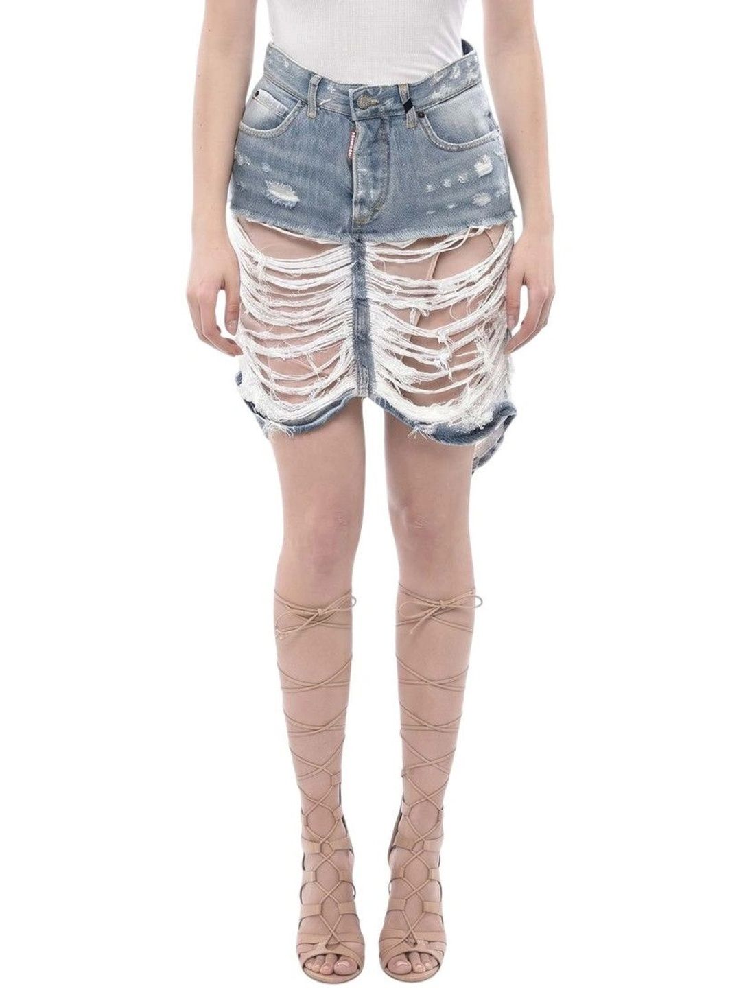Dsquared2 Women Cotton Washed Frayed Denim Mini Straight Skirt-picture-11