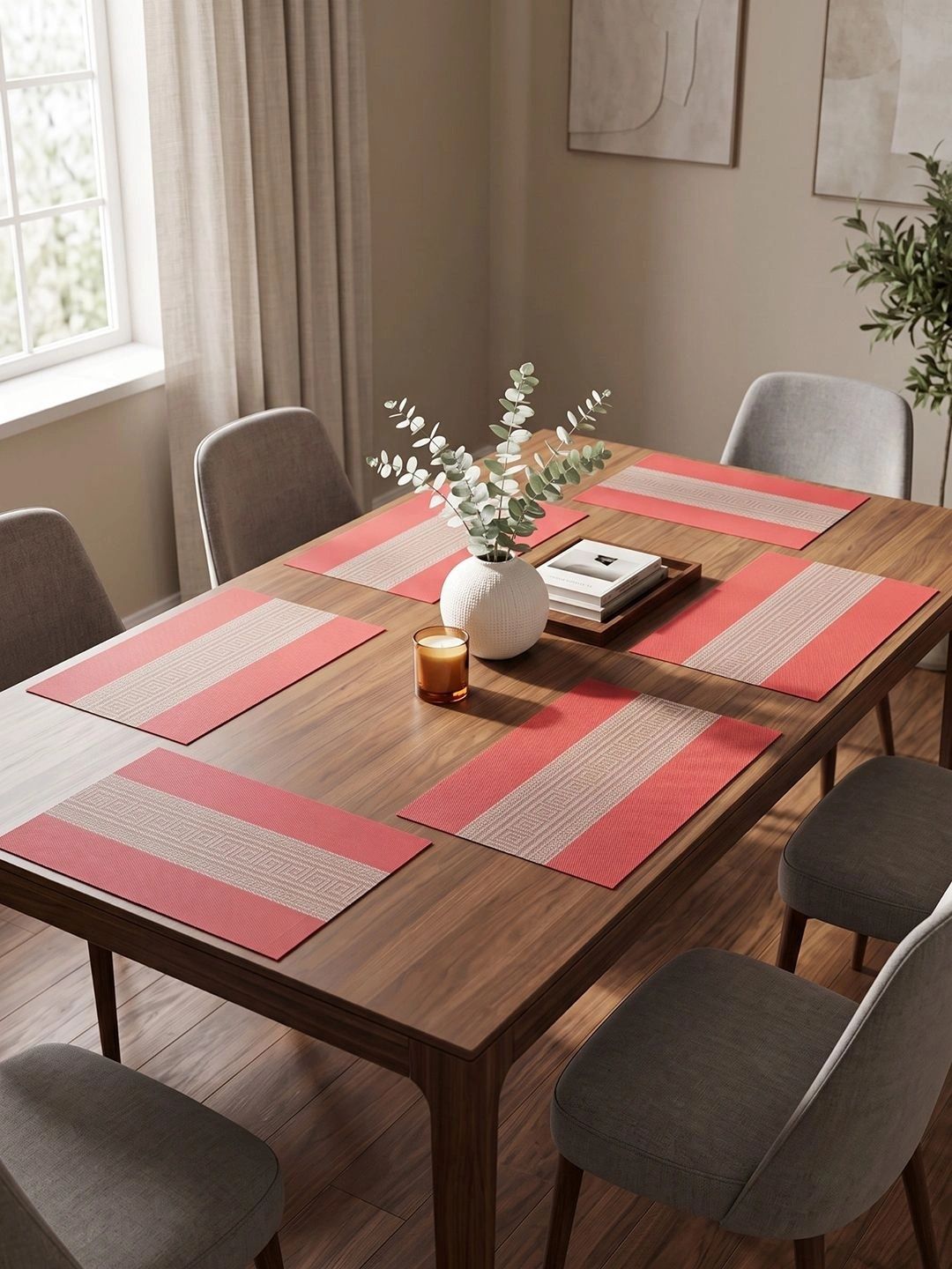 Myntra Elegant Homes 8-Pcs Red Striped Rectangle Table Placemats-picture-34