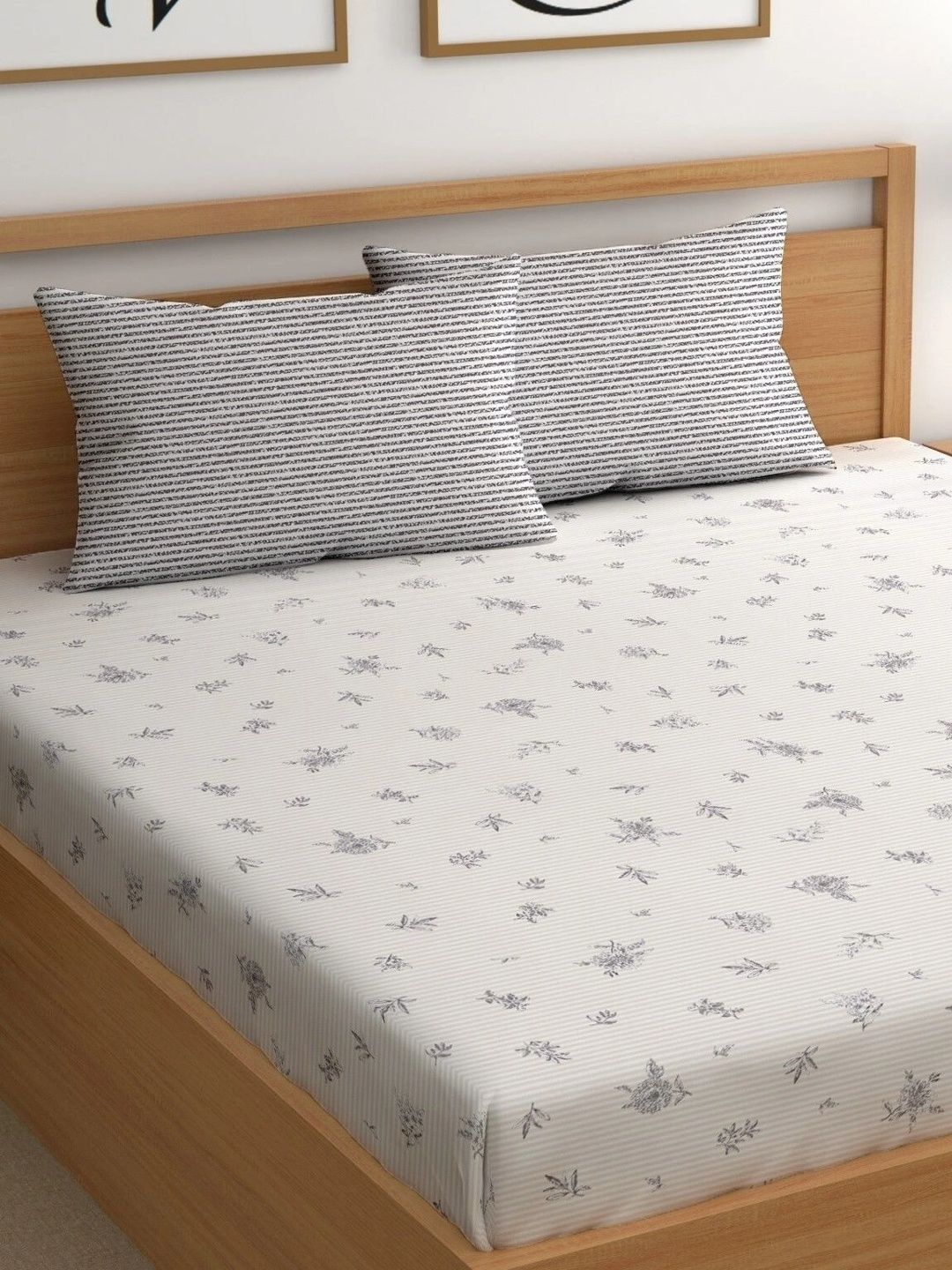 Myntra Elegant Homes White & Grey Floral 400 TC King Bedsheet with 2 Pillow Covers-picture-16