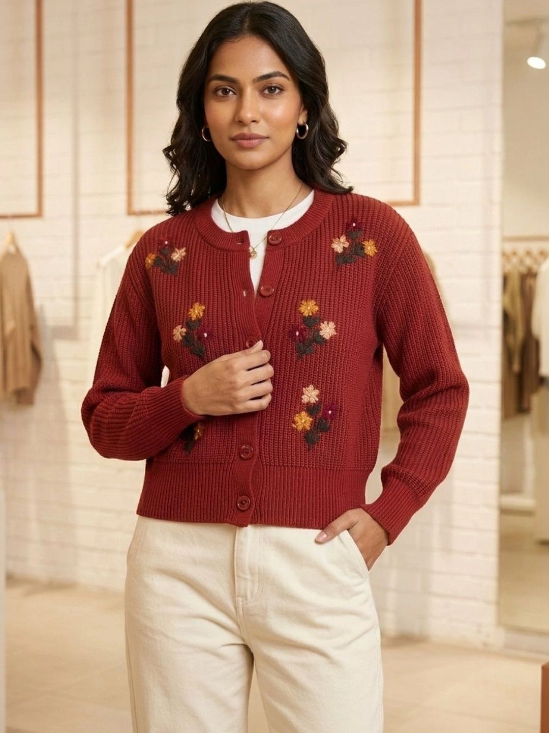 Chemistry Women Floral Ribbed Woollen Cardigan with Embroidered Detail-picture-43