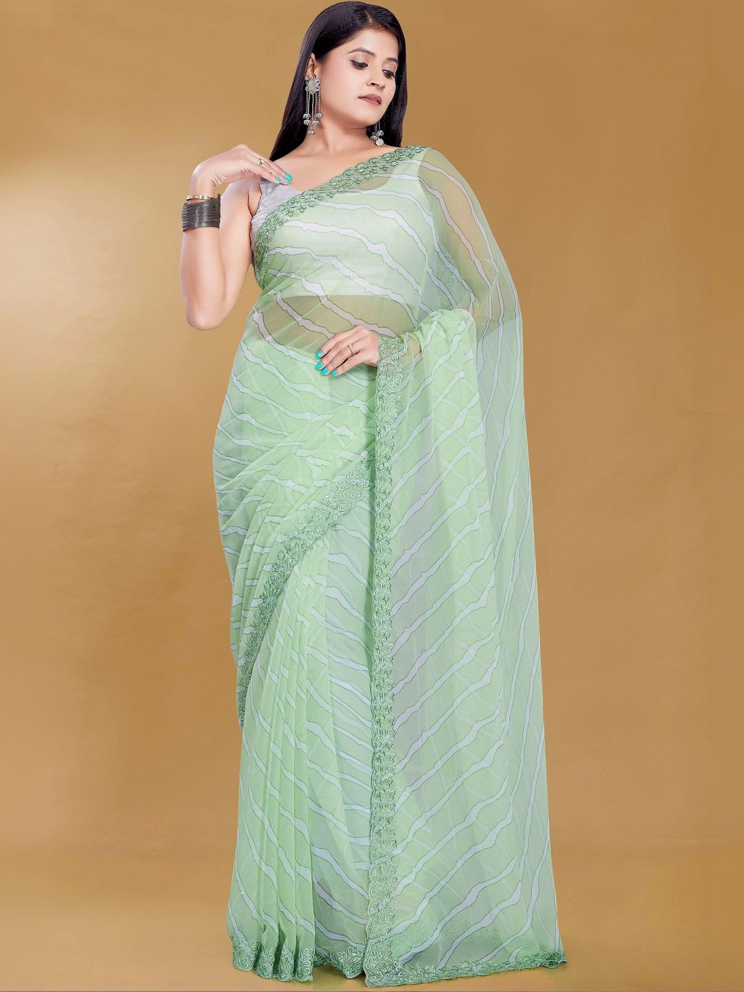 Rani Saahiba Striped Embroidered Leheriya Saree-picture-29