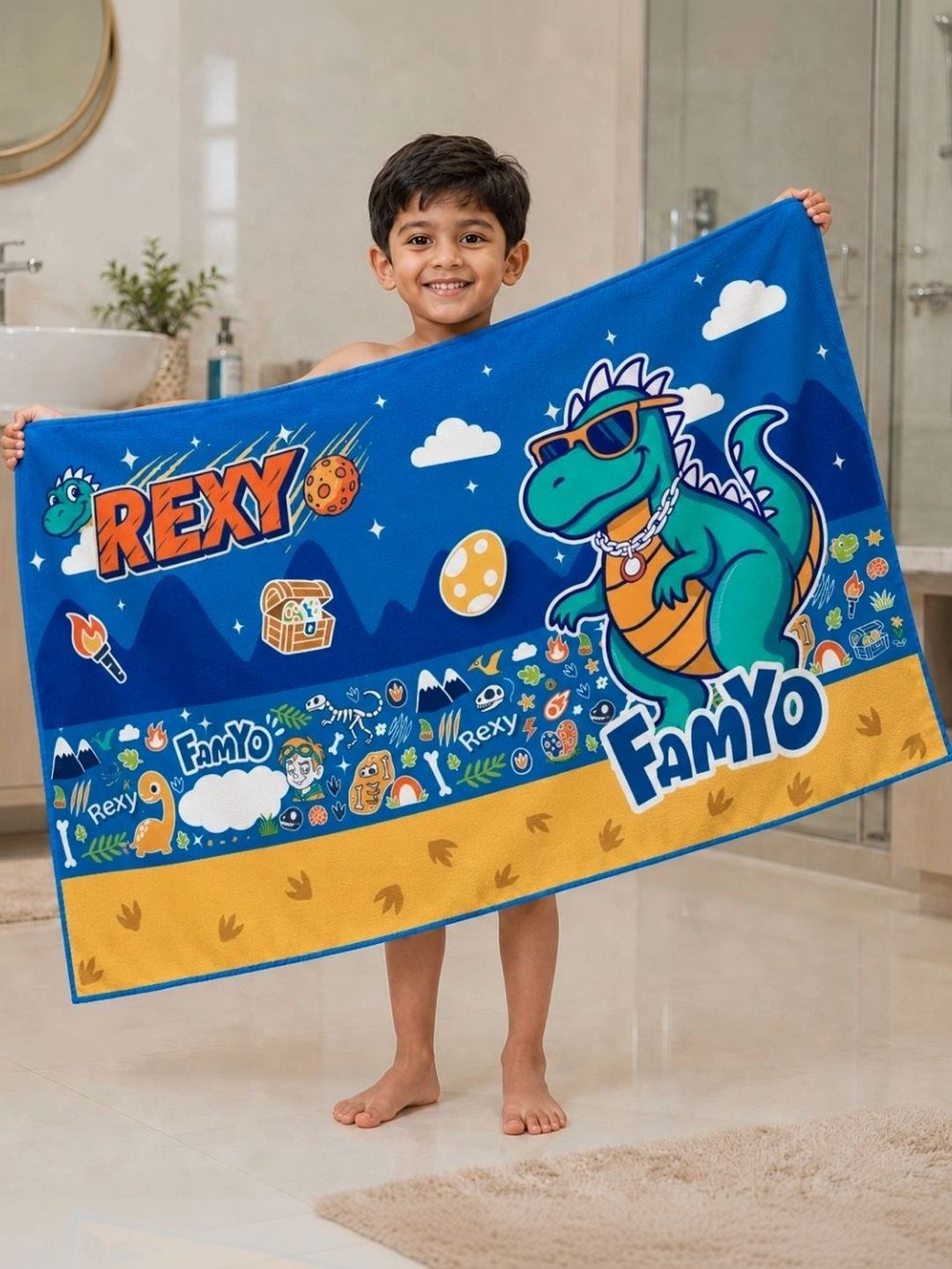 Famyo Blue & Yellow 1 Printed 210 GSM Bath Towel-picture-52