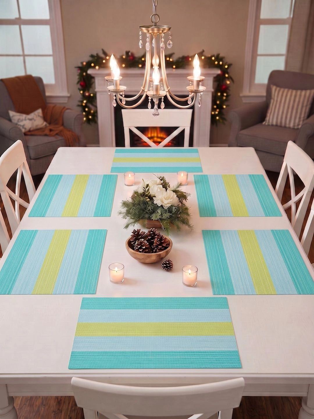 Myntra Elegant Homes 8-Pcs Blue & Yellow Striped Rectangle Table Placemats-picture-26