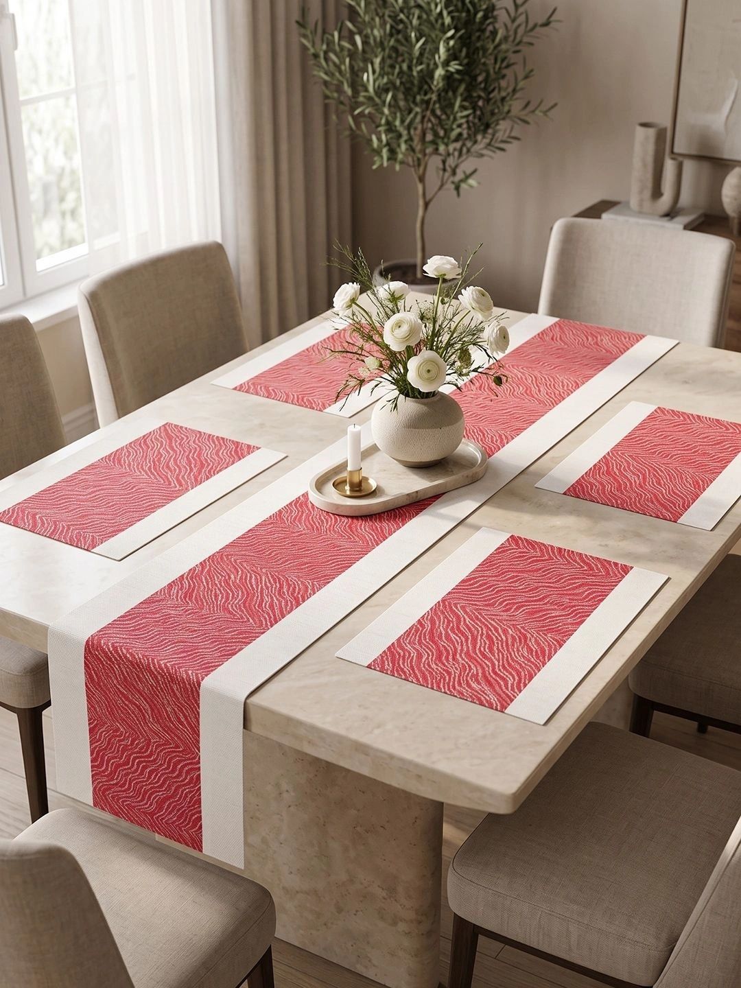 Myntra Elegant Homes 5-Pcs Red & Beige Striped Rectangle Table Placemats With Runner-picture-18