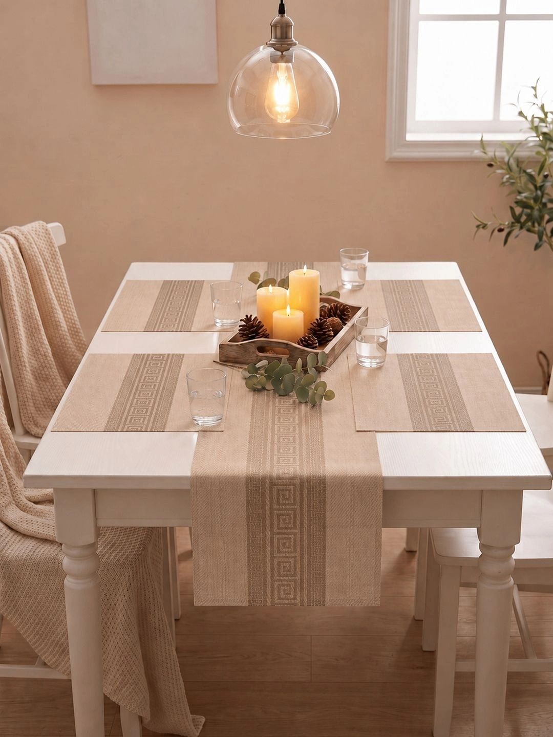 Myntra Elegant Homes 5-Pcs Beige Striped Rectangle Table Placemats With Runner-picture-32