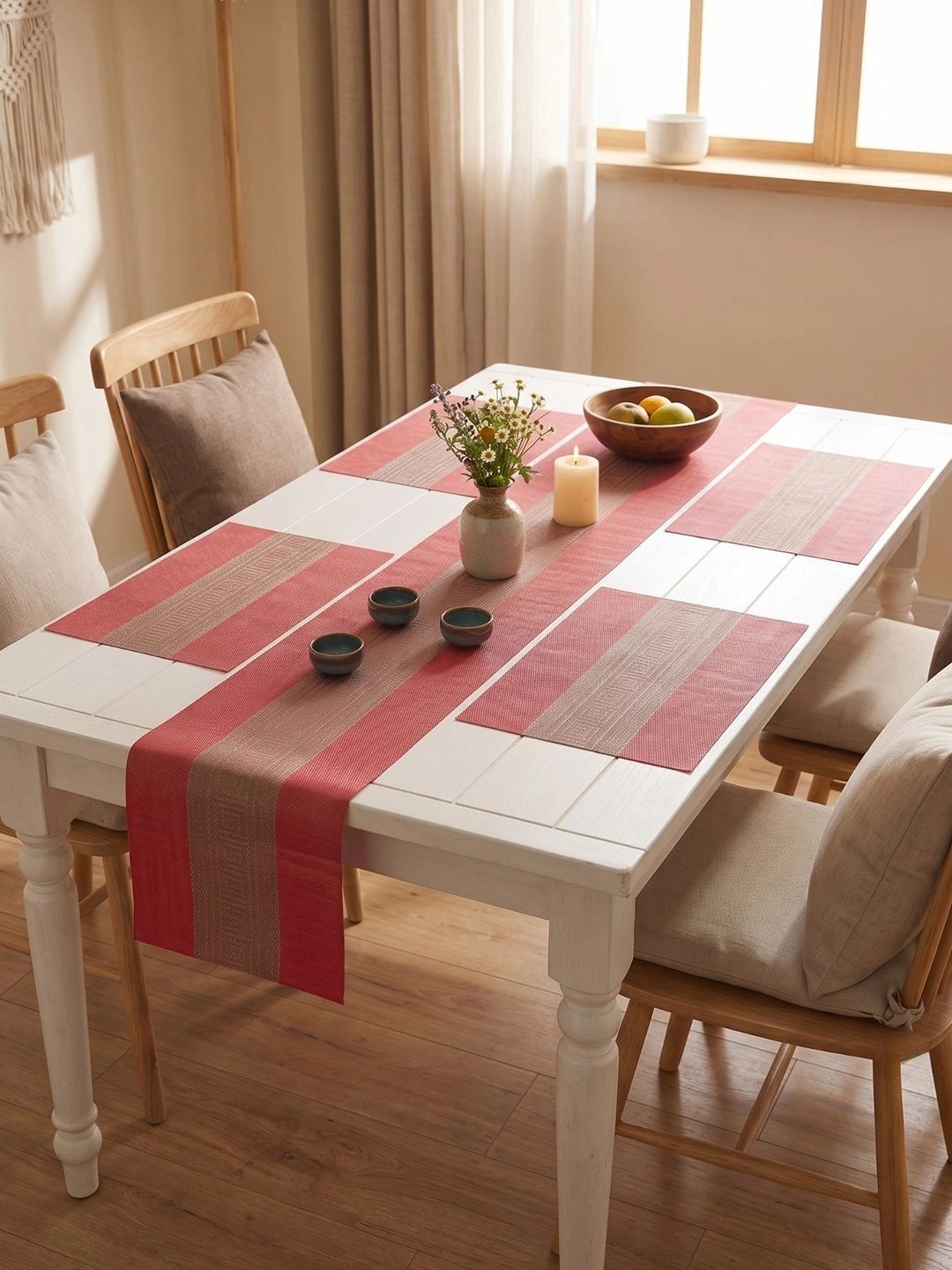 Myntra Elegant Homes 5-Pcs Red Striped Rectangle Table Placemats With Runner-picture-10