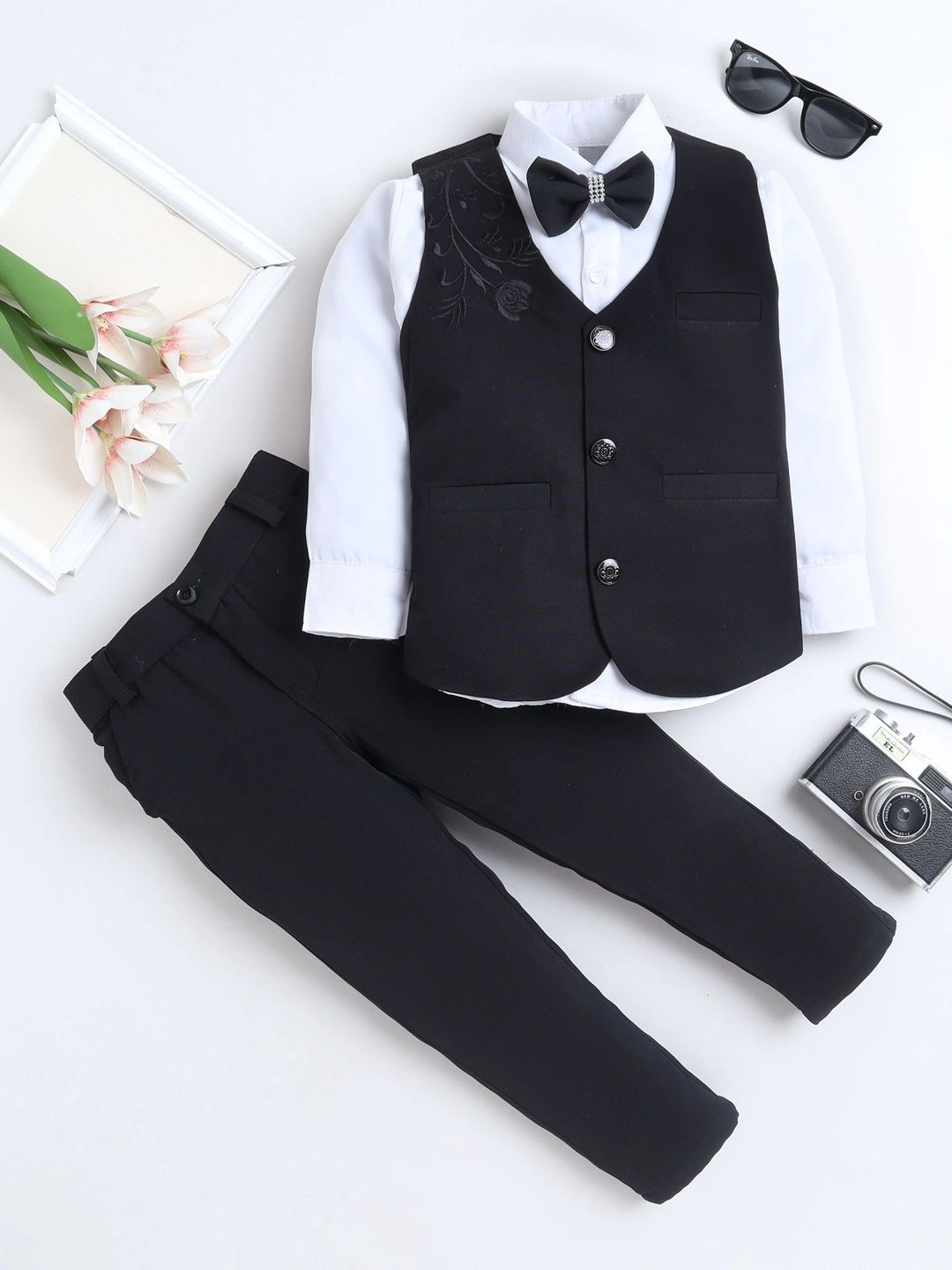 Miss & Chief Boys Floral Embroidered 3 Piece Suit Set With Bow & tie-picture-11