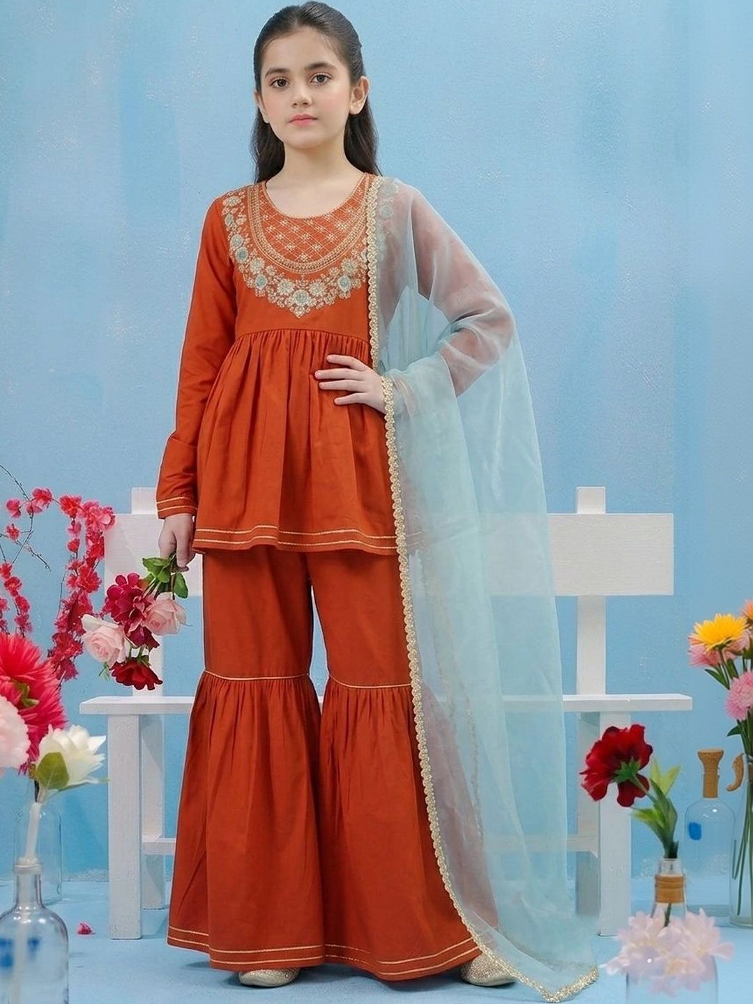 CurlyTales Girls Ethnic Motifs Embroidered Empire Thread Work Pure Cotton Kurti with Sharara & With Dupatta-picture-57