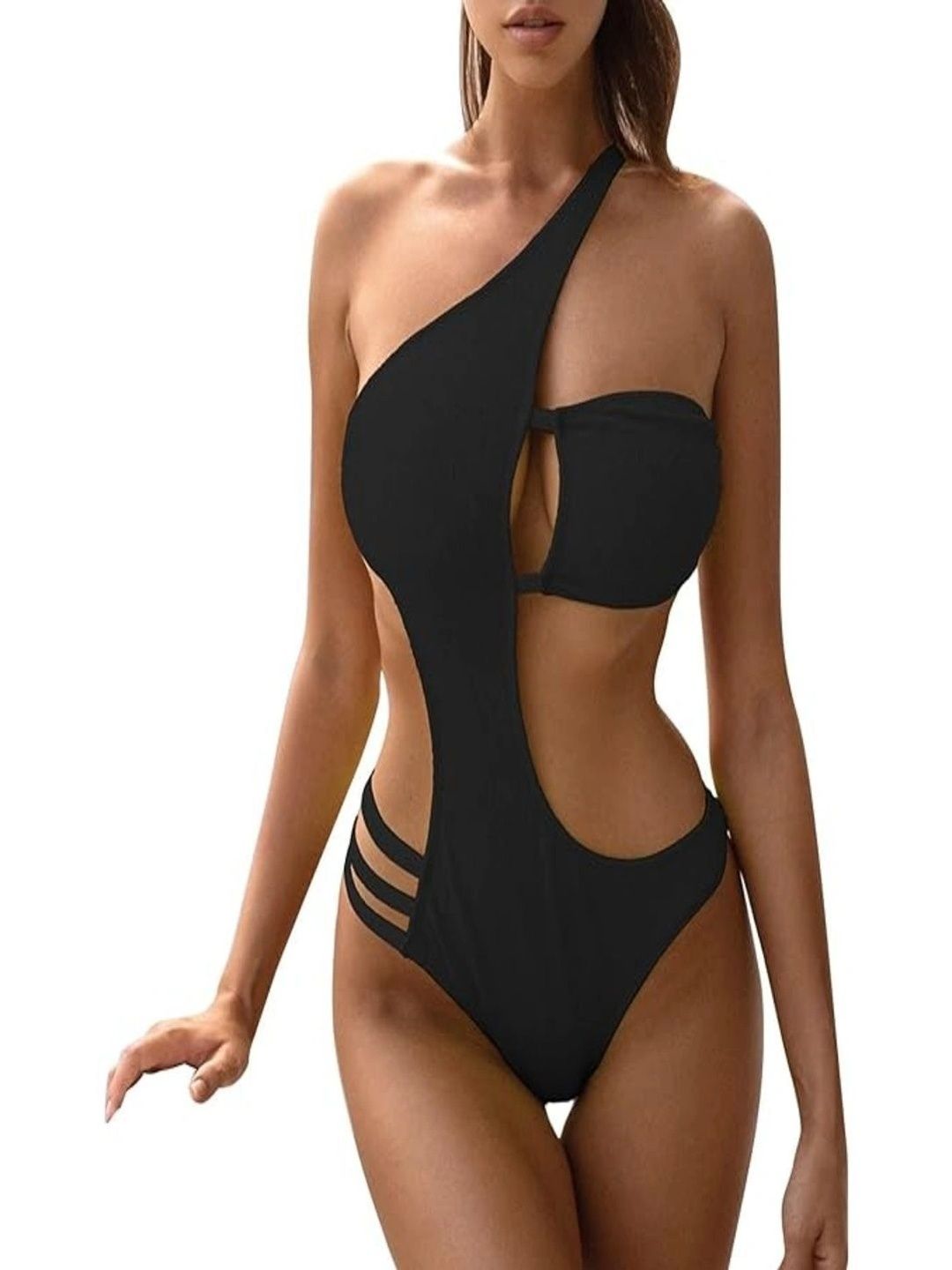 Swibona Women One Shoulder Straps Sleeveless Swim Bikini Set-image-39