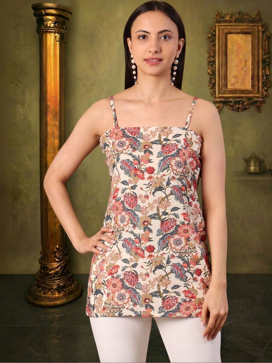 House of Sakhhi Floral Printed Square Neck Pure Cotton Blend Khadi Kurti-picture-22