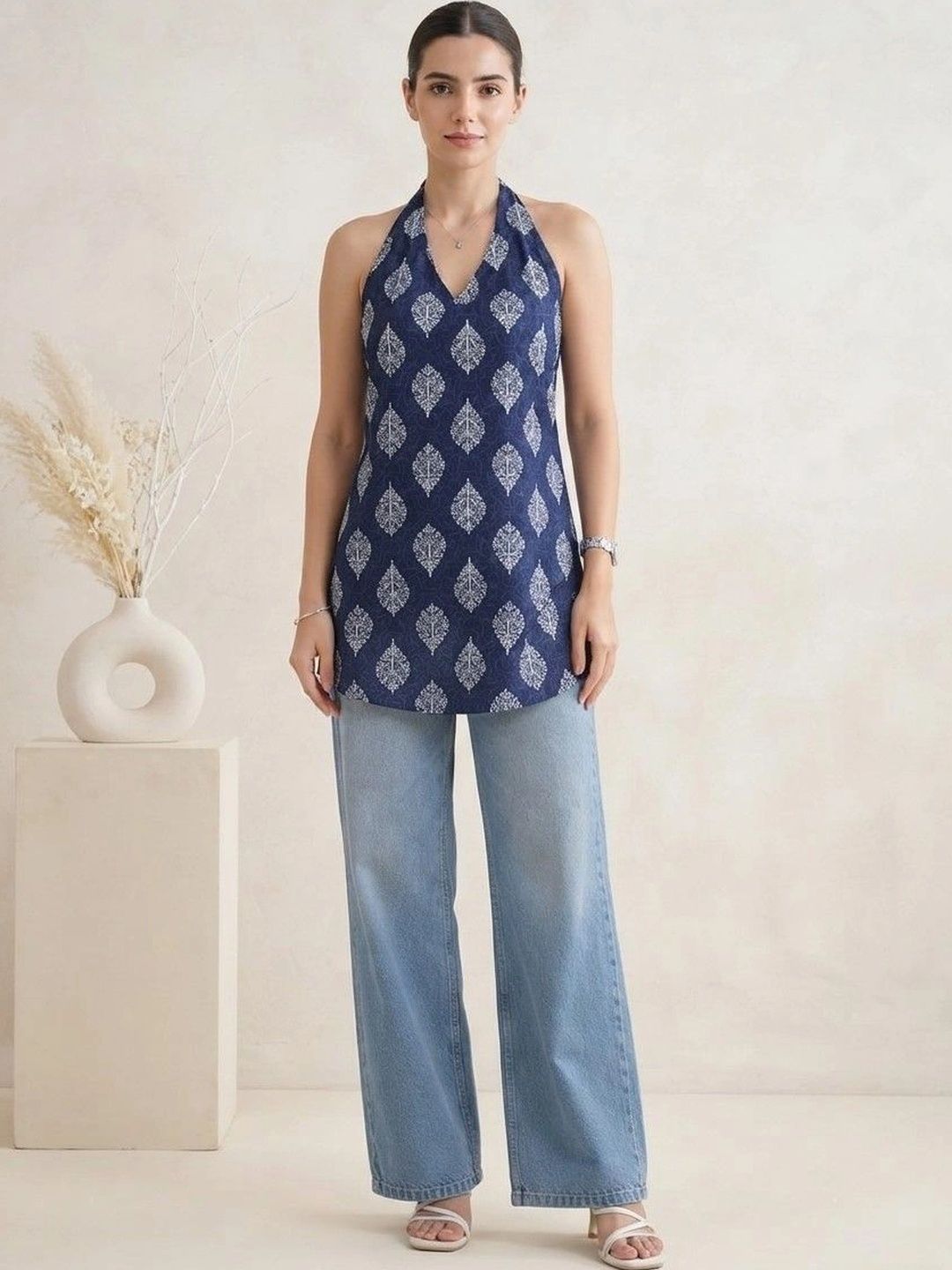 HERE&NOW Ethnic Motifs Printed Halter Neck Pure Cotton Kurti-picture-47