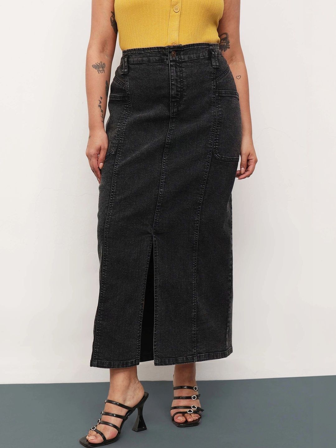 SASSAFRAS Curve Women Denim Sleek Utility Front Slit Maxi Straight Skirt-picture-54
