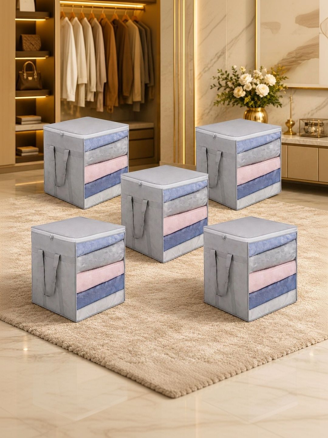 ANKIT INTERNATIONAL Grey Set of 5 Reusable Multi-Utility Organisers-picture-3